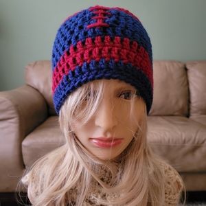 Handmade Crochet Adult Blue/Red Football Beanie